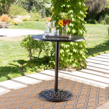 Elegant Cast Aluminum Round Bar Table With Romantic Filigree Design - Copper HouseOfZazla