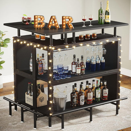 L Shaped Home Mini Bar Table With 2 Tier Shelves & Glass Racks - Black HouseOfZazla