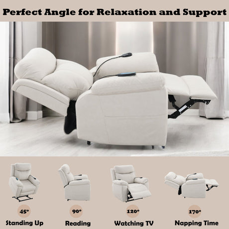 Chriki Beige Fabric Power Recliner with Lift, Heating, and Massage HouseOfZazla