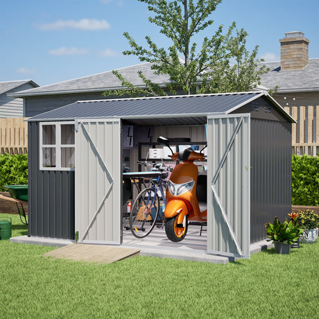10X8FT Outdoor Steel Storage Shed with Clear Window, Lockable Doors HouseOfZazla