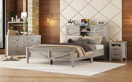3-Pieces Bedroom Set Queen Size Farmhouse Platform Bed with Storage Headboard and Charging Station HouseOfZazla