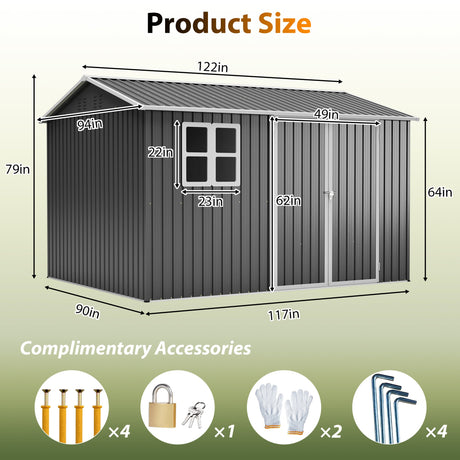 10'x8' Oversized Steel Storage Shed with Window and Lockable Doors HouseOfZazla