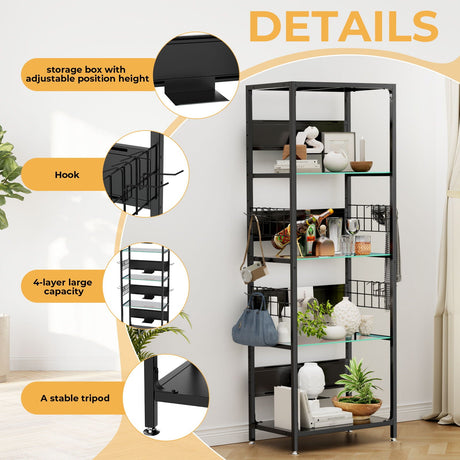 4 Tier Display Shelf With RGB Lights, LED Lighted Curio Cabinet With Adjustable Storage Box & Hooks - Black HouseOfZazla