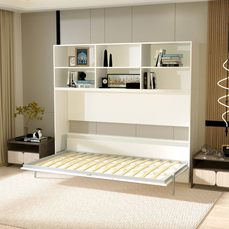Mordern Design Twin Size Horizontal Murphy Bed With Shelf Storage For Bedroom Or Guestroom Wall Bed Space Saving Hidden Bed With New Style Gas Struts - White HouseOfZazla