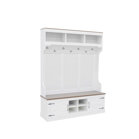 Hall Tree With Bench And Shoe Storage, 5 In 1 Entryway Organizer Cabinet With Coat Rack, 4 Shoe Cubbies & 7 Hooks - White HouseOfZazla