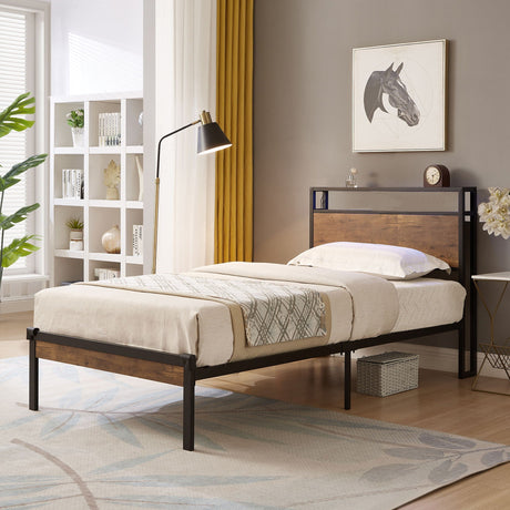 Platform Bed Frame With Wooden Headboard And Footboard, USB Liner HouseOfZazla