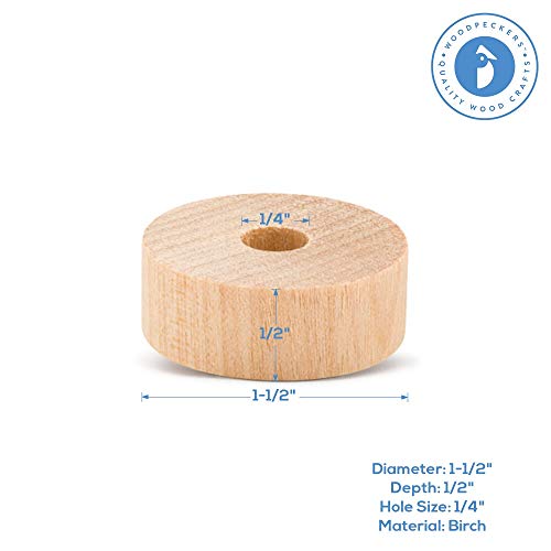 1-1/2-inch Diameter Slab Wooden Wheel for Craft, 1/4-inch Hole, 1/2-inch Thick, Pack of 50 Wooden Hobby Wheel for Model, by Woodpeckers Woodpeckers