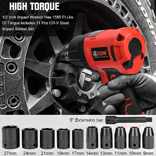 1/2 Inch Air Impact Wrench, Max Torque 1560 ft-lbs, lightweight 4.4 lb Design, Air Impact Gun Includes 11 Pcs CR-V Steel Impact Socket Set and XIIW