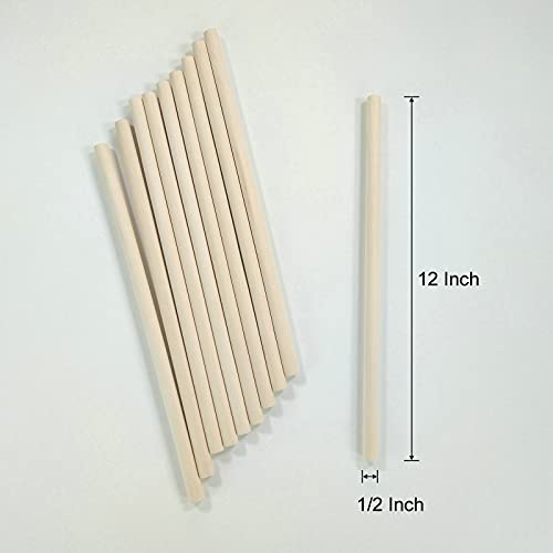 1/2 x 12 Inch, Wooden Dowel Rods, Unfinished Wood Round Sticks for Arts Crafts and DIY Projects, 10 pcs. Kang&Chang