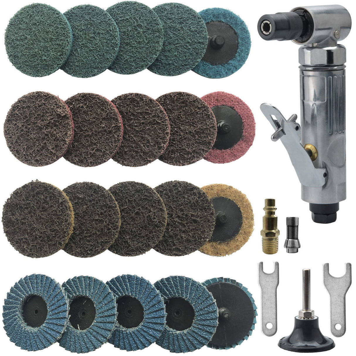 1/4" air die grinder with 20 pcs sanding discs, right angle, ergonomic grip, polished angle pneumatic die grinder, air die grinder kit PROSHI
