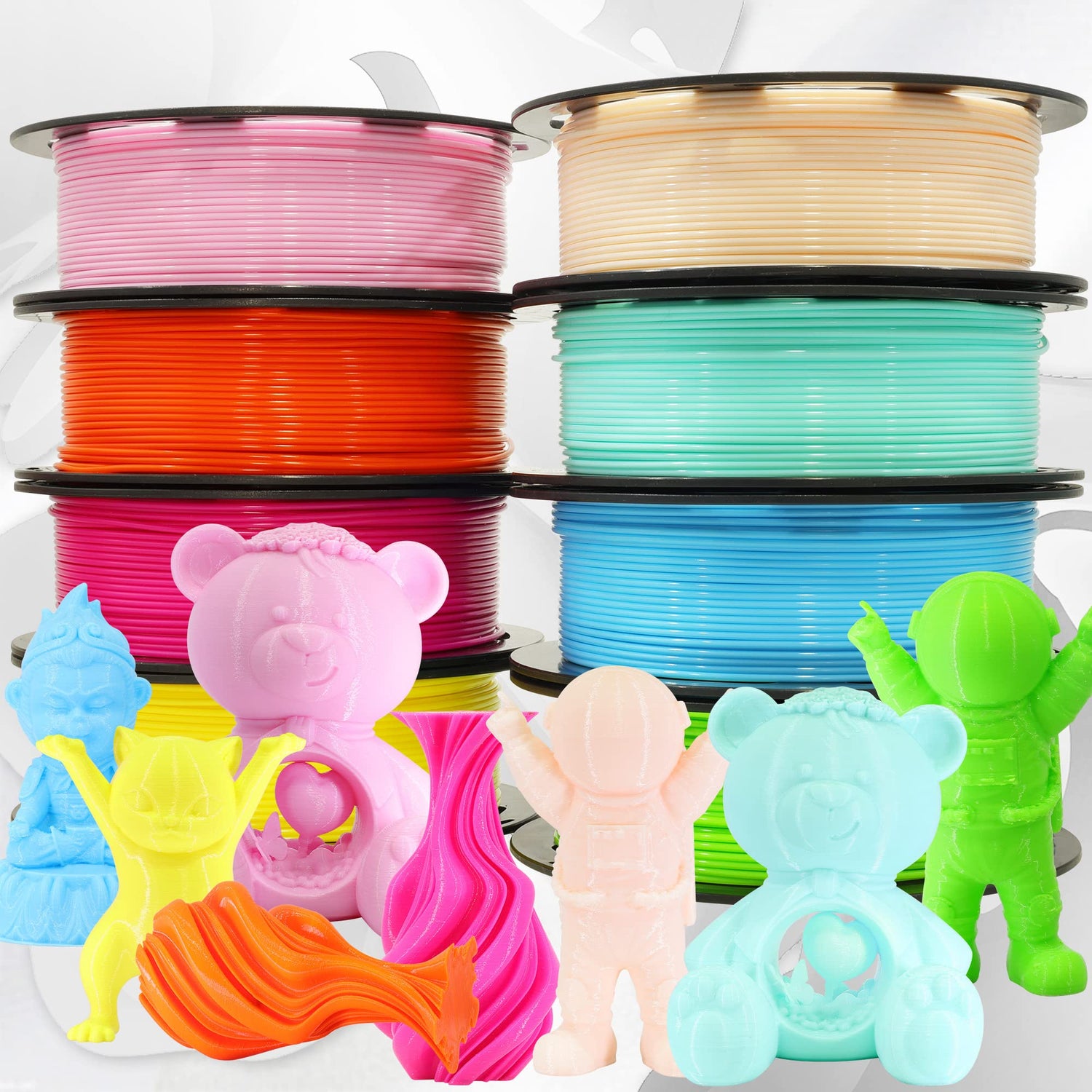 1.75mm 3D Printer PLA Filament 8 Colors Bundle: Pink, Yellow, Orange, Lime Green, Sky Blue, Cyan, Beige, Rose Red, 8 Spools Packed, Each 250g, Total 2Kg 3D Printing Material, 250g x 8 Spools DO3D