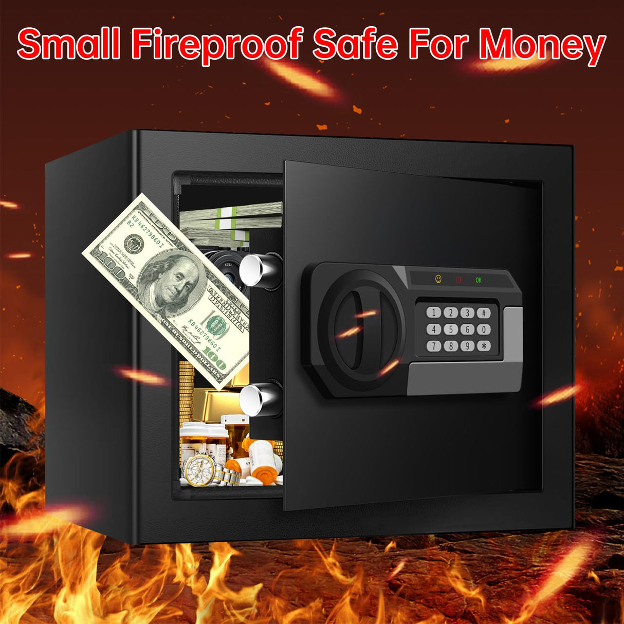 1.8 Cubic Feet Small Personal Safe for Home Use, Anti-theft Fireproof Lock Box with Programmable Keypad, Spare Keys and Removable Shelf, Digital Home Security Safe for Money Documents Medicines Psisuvry