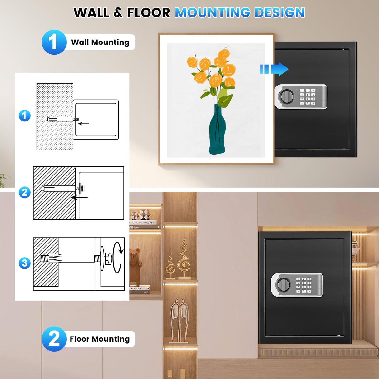 1.8 Cuft Safes for Home, Fireproof Safe Box, Home Safes Fireproof Waterproof with Electronic Keypad, Spare Key, Smart Alert, Security Fire Proof Safe for home documents Money Medicine FOWORE