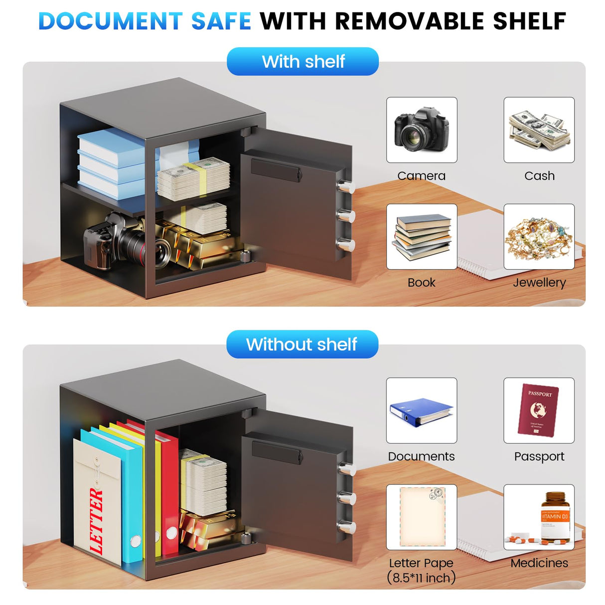 1.8 Cuft Safes for Home, Fireproof Safe Box, Home Safes Fireproof Waterproof with Electronic Keypad, Spare Key, Smart Alert, Security Fire Proof Safe for home documents Money Medicine FOWORE