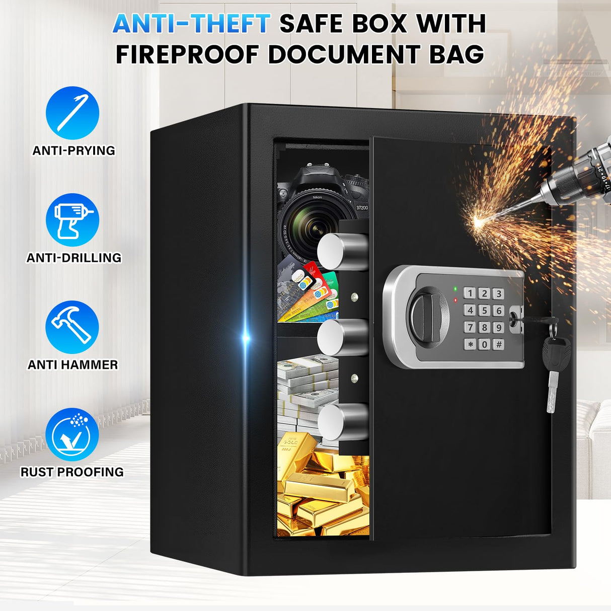 1.8 Cuft Safes for Home, Fireproof Safe Box, Home Safes Fireproof Waterproof with Electronic Keypad, Spare Key, Smart Alert, Security Fire Proof Safe for home documents Money Medicine FOWORE