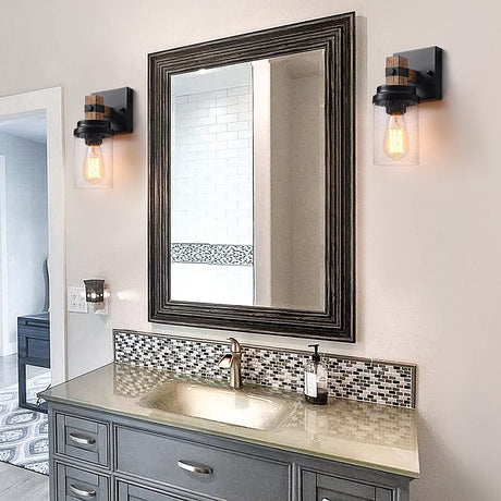 1-Light Rustic Wall Sconces Farmhouse Bathroom Light Fixtures Over Mirror, Handmade Wood Vanity Light Fixtures with Pretty Glass Shade, Wall Sconce for Bathroom Hallway Bedroom ZSMIHDOH