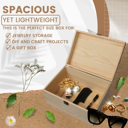 (1-Pack) 10.8x7x8x5.7-Inch Large Unfinished Wooden Box with Hinged Lid & Front Clasp for DIY Art Project Crafts Woodcraft Keepsake - Easy to Stain VIKOS Products