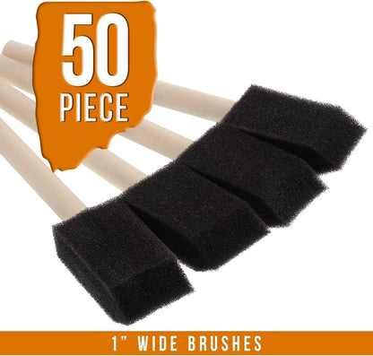 1 Inch Foam Sponge Wood Handle Paint Brush Set 50 Lightweight, Durable Acrylics, Stains, Varnishes, Crafts, Art - WoodArtSupply