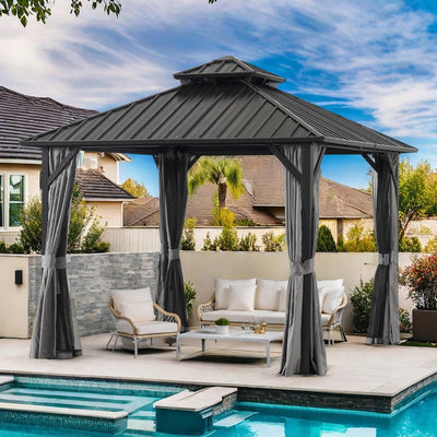 10 * 10FT Patic Gazebo with Steel Canopy,Outdoor Permanent Hardtop Gazebo Canopy for Patio, Garden, Backyard