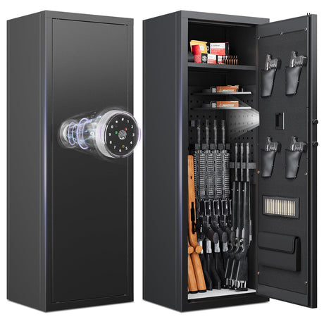 10-12 Gun Safe,Gun Safe for Rifles and Pistols,Fingerprint Gun Cabinet and Password Lock, Biometric Gun Safes for Home with Adjustable Shelves and Pistol Pouches BUTISOW