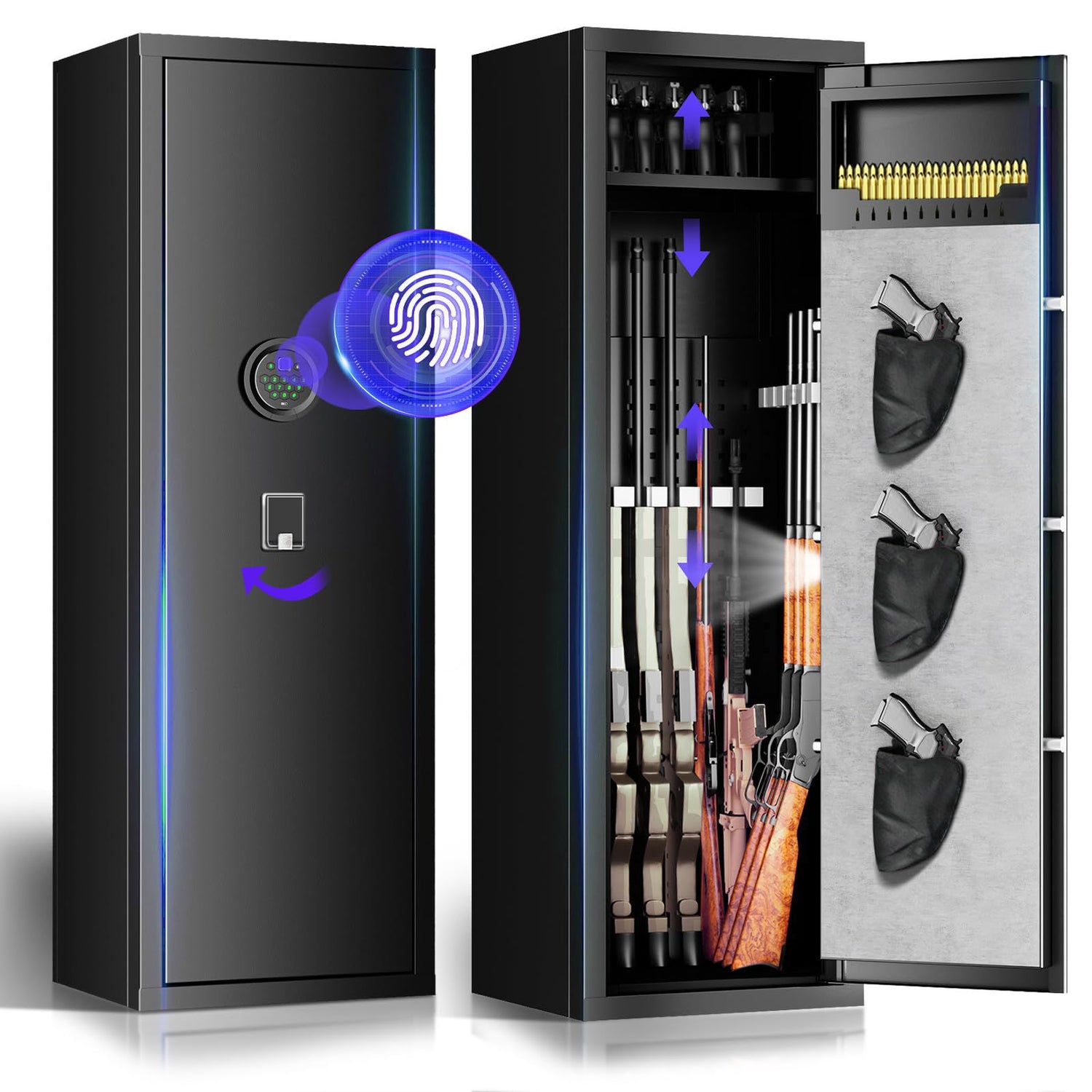 10-15 Unassembled Rifle Gun Safes, Biometric Fingerprint Gun Safe for Home and Pistols with Dual Alarm System, Gun Cabinets with 3 Pistol Bags, Quick Access Safes with Removable Shelf for Shotguns QIRANUI