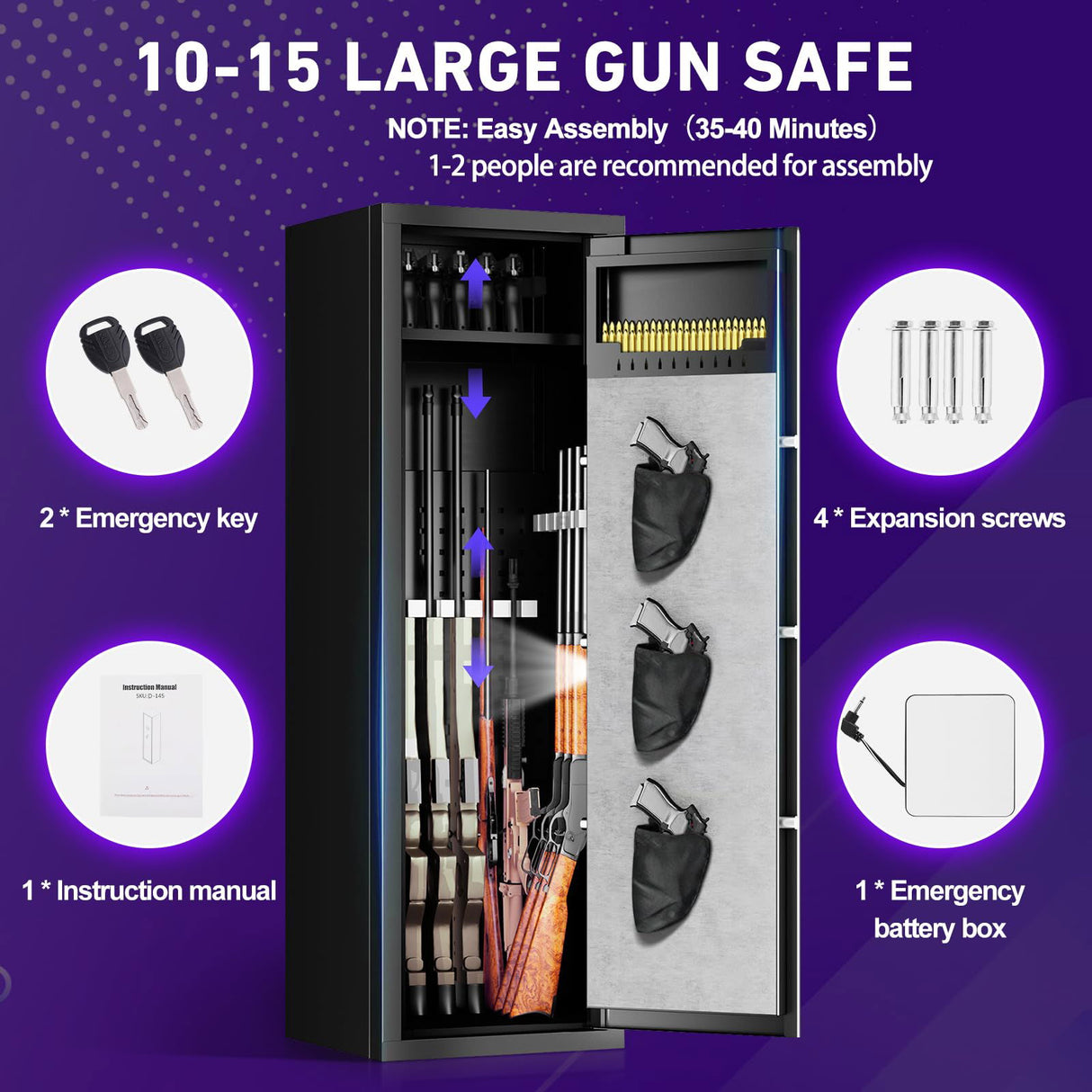10-15 Unassembled Rifle Gun Safes, Biometric Fingerprint Gun Safe for Home and Pistols with Dual Alarm System, Gun Cabinets with 3 Pistol Bags, Quick Access Safes with Removable Shelf for Shotguns QIRANUI