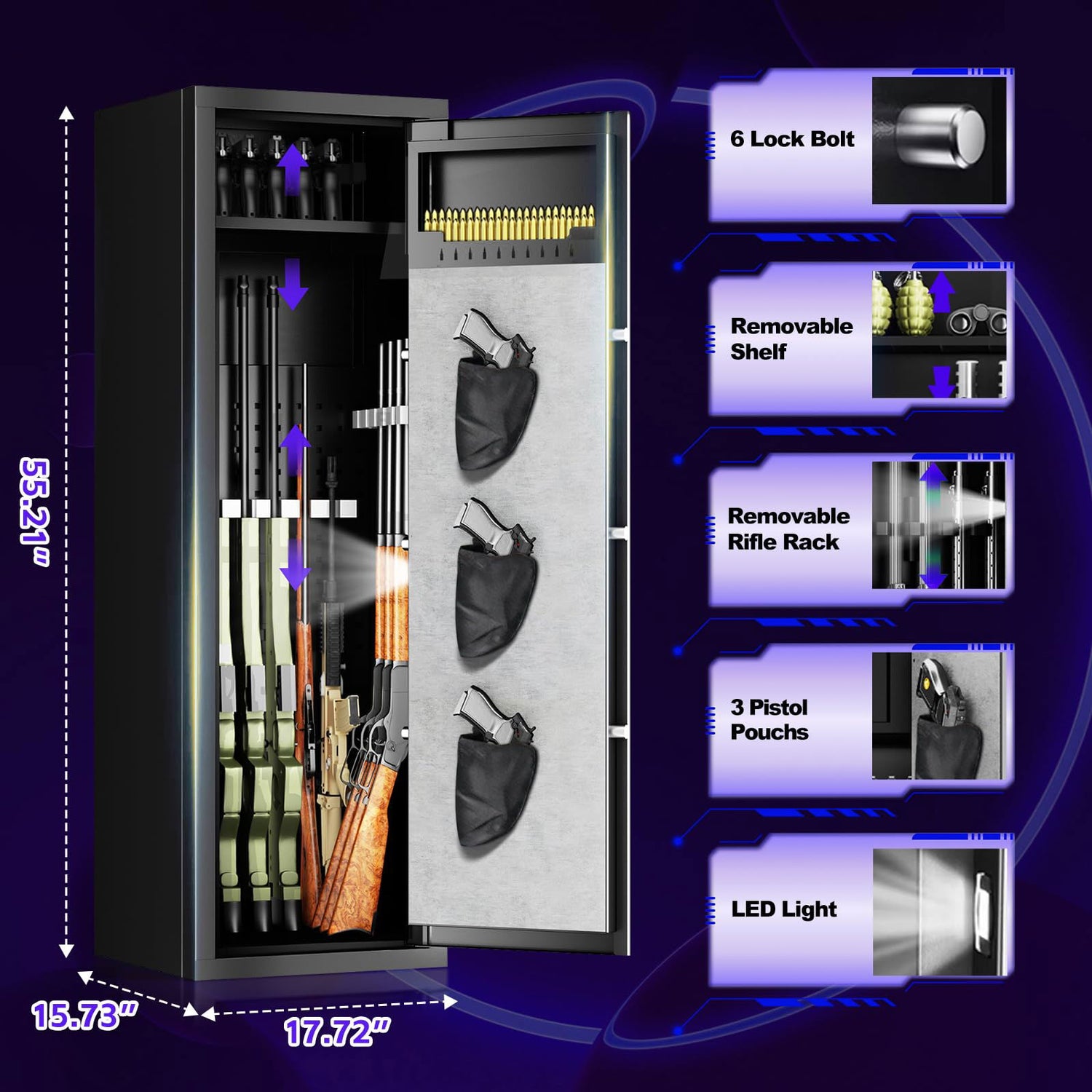10-15 Unassembled Rifle Gun Safes, Biometric Fingerprint Gun Safe for Home and Pistols with Dual Alarm System, Gun Cabinets with 3 Pistol Bags, Quick Access Safes with Removable Shelf for Shotguns QIRANUI