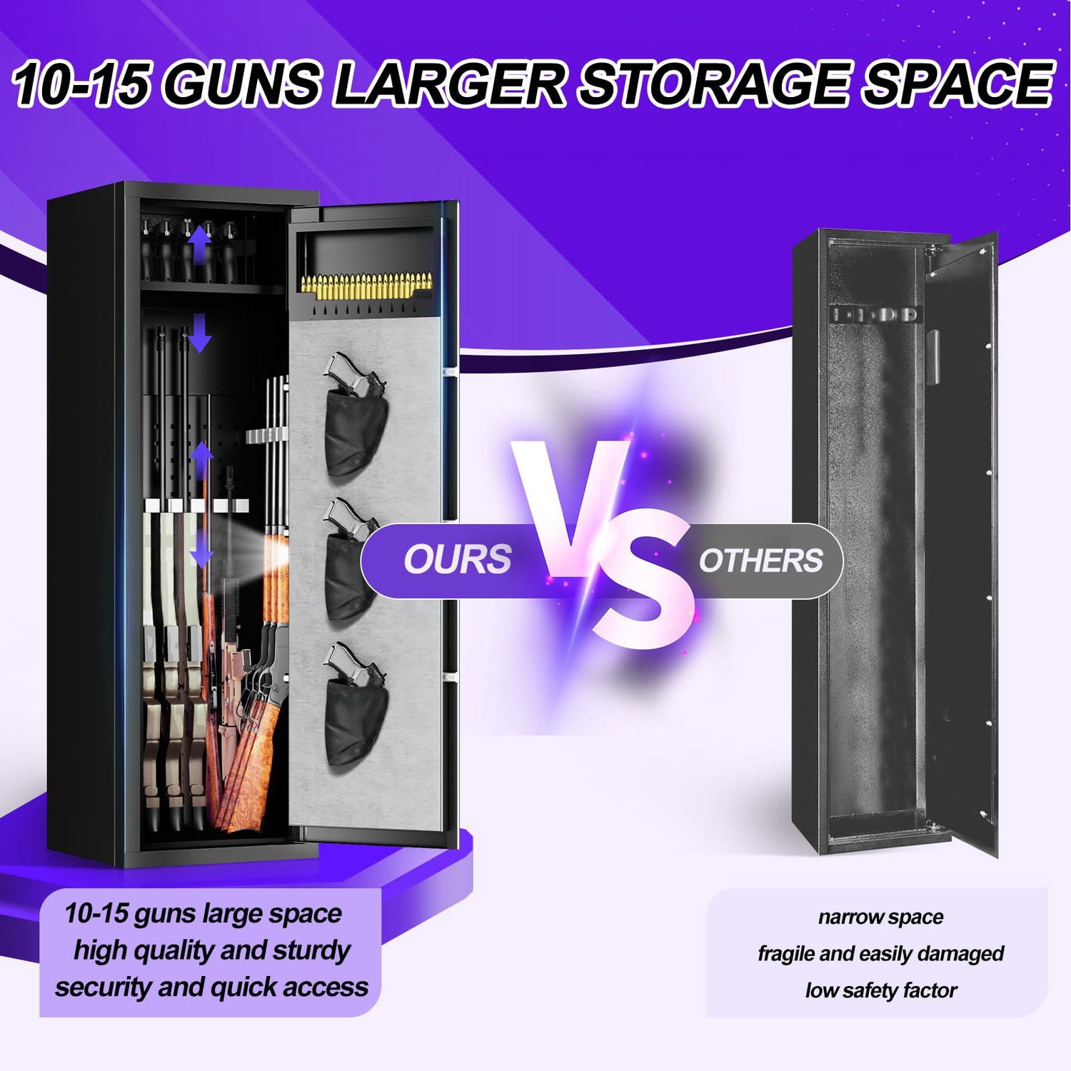 10-15 Unassembled Rifle Gun Safes, Biometric Fingerprint Gun Safe for Home and Pistols with Dual Alarm System, Gun Cabinets with 3 Pistol Bags, Quick Access Safes with Removable Shelf for Shotguns QIRANUI