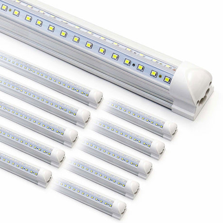 10-Pack 8ft LED Shop Light Fixture - 90W T8 Integrated LED Tube Light - 6500K 12000LM V-Shape Linkable - High Output - Clear Cover - Plug and Play - Phiwicsh