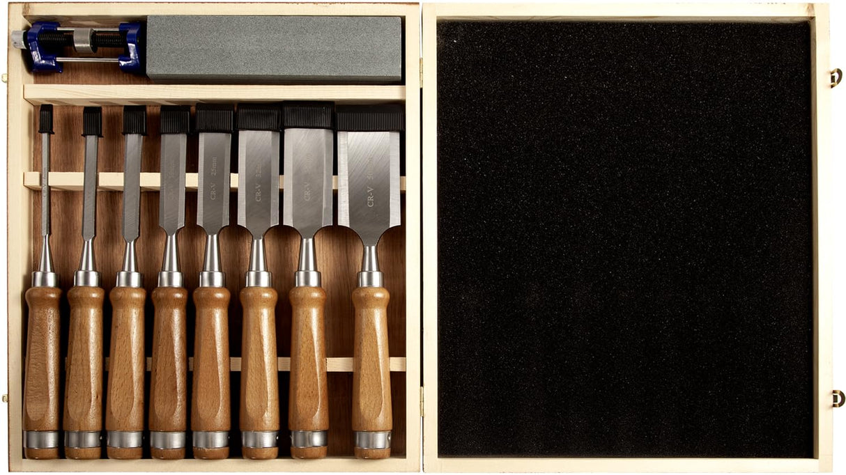 10 Pieces Wood Chisel Set, 1/4"~2" Woodworking Chisel Kit with Sharp CR-V 60 Steel Blades, Wooden Box, Honing Guide, Sharpening Stone for Carpenter Craftsman Woodworker Mount Jasper