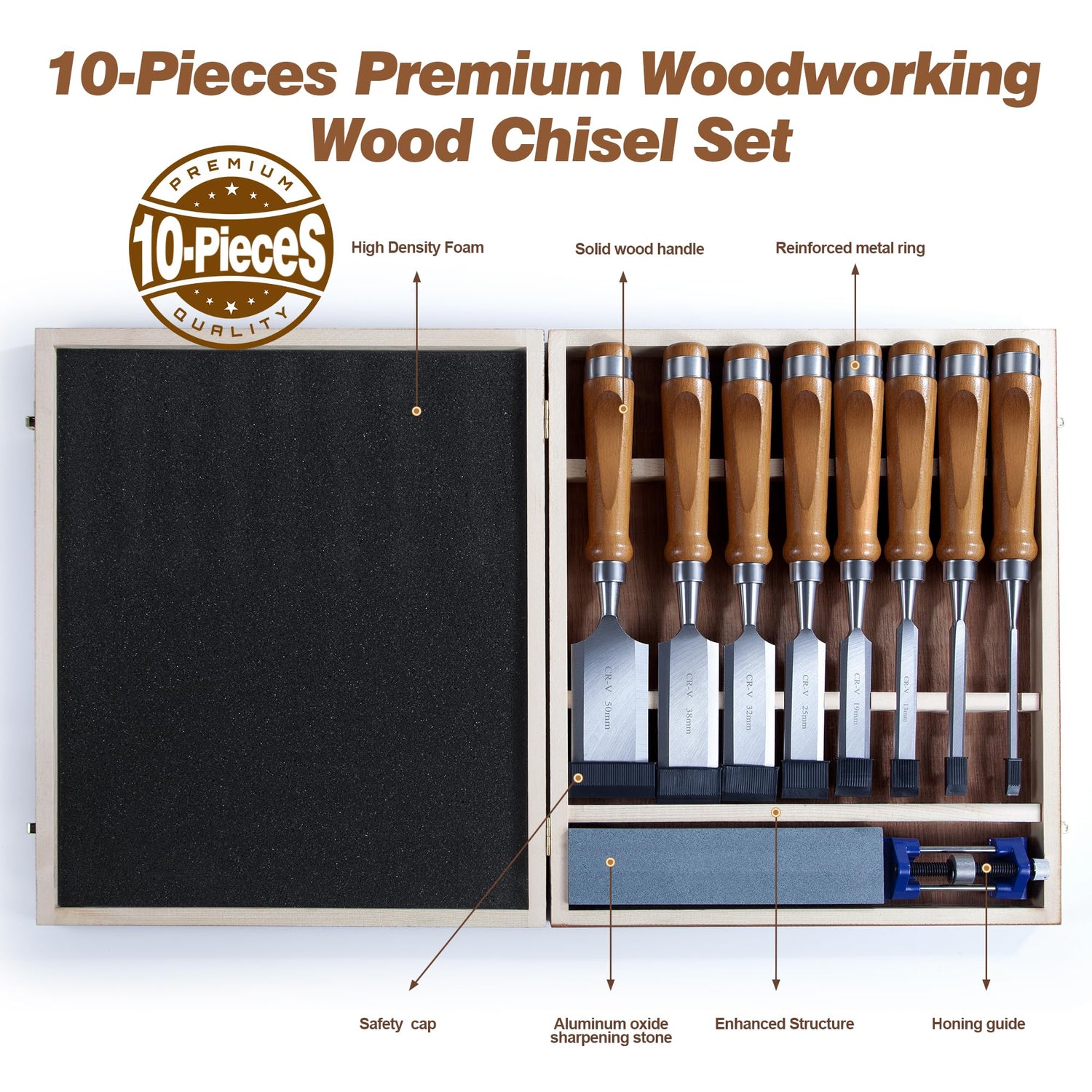10 Pieces Wood Chisel Set, 1/4"~2" Woodworking Chisel Kit with Sharp CR-V 60 Steel Blades, Wooden Box, Honing Guide, Sharpening Stone for Carpenter Craftsman Woodworker Mount Jasper