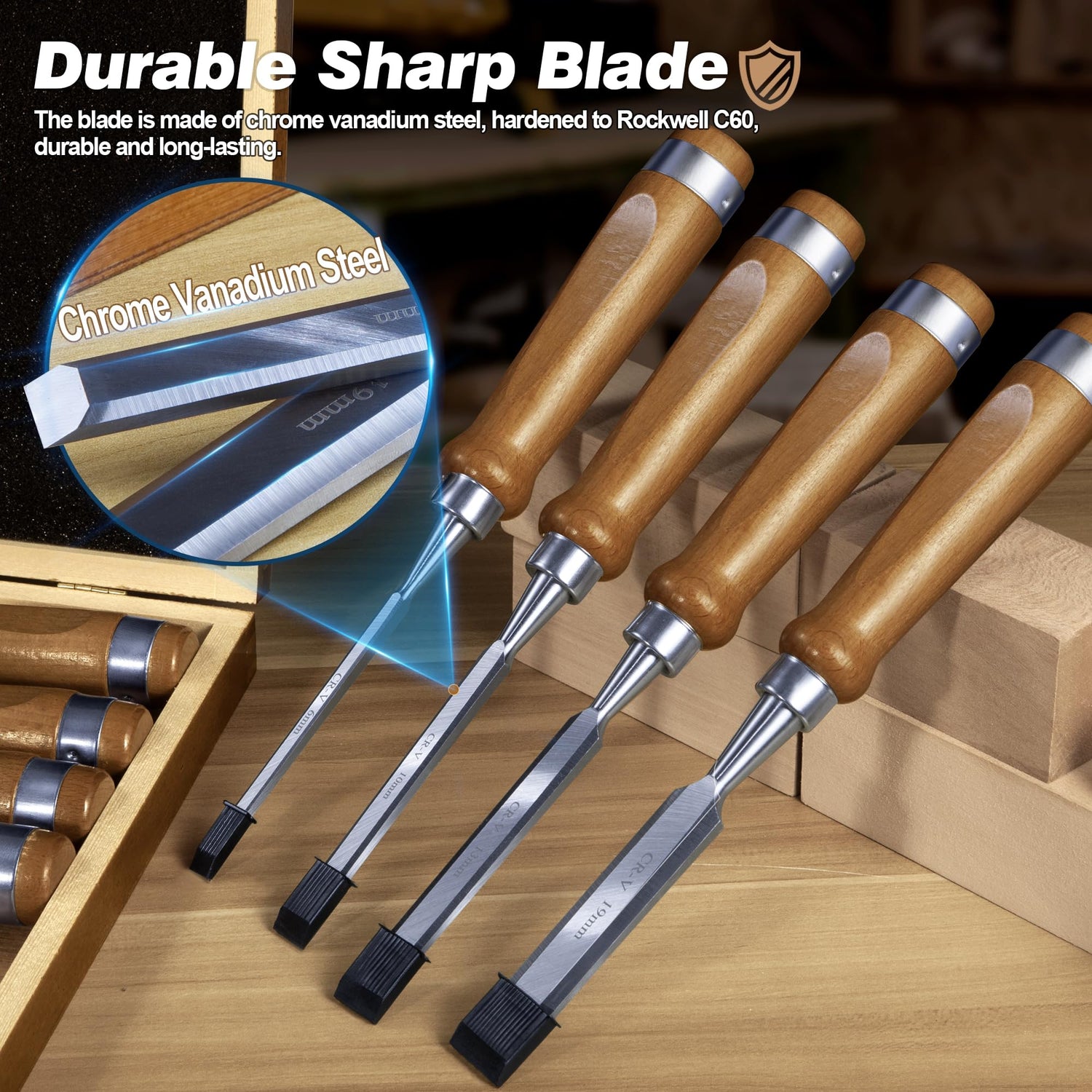 10 Pieces Wood Chisel Set, 1/4"~2" Woodworking Chisel Kit with Sharp CR-V 60 Steel Blades, Wooden Box, Honing Guide, Sharpening Stone for Carpenter Craftsman Woodworker Mount Jasper