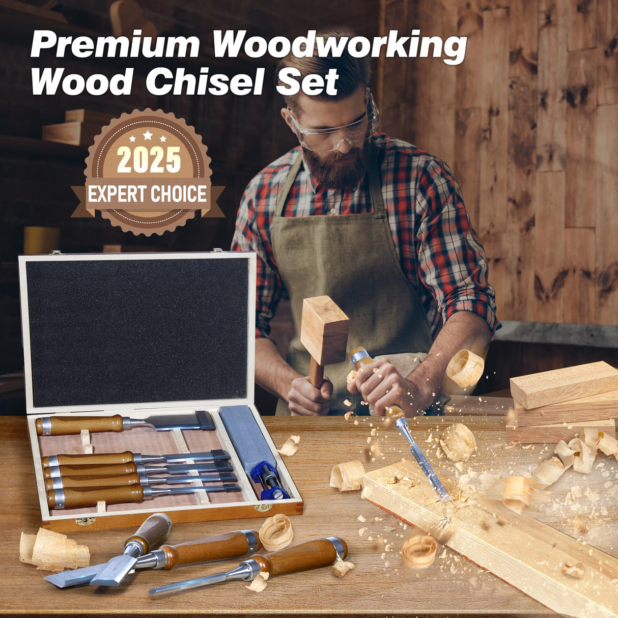 10 Pieces Wood Chisel Set, 1/4"~2" Woodworking Chisel Kit with Sharp CR-V 60 Steel Blades, Wooden Box, Honing Guide, Sharpening Stone for Carpenter Craftsman Woodworker Mount Jasper