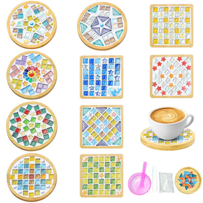 10 Set DIY Mosaic Tiles for Crafts Mixed Color Glass Mosaic Kits with Wooden Coasters DlY Coasters Kit Mosaic Supplies for Adult DIY Kit Bamboo Coaster for Drinks Tray