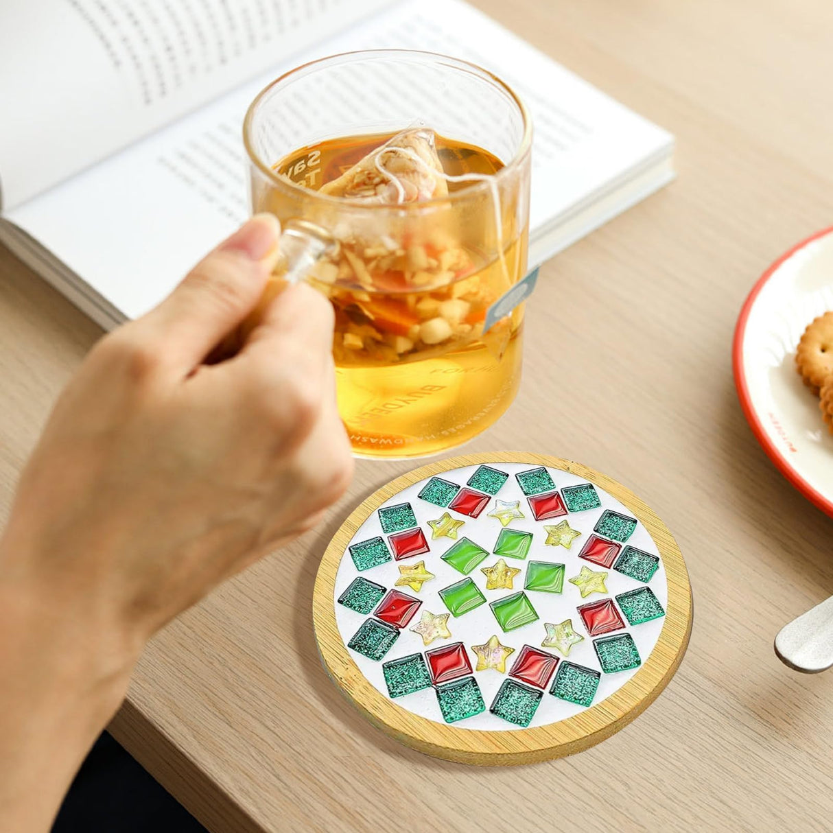 10 Set DIY Mosaic Tiles for Crafts Mixed Color Glass Mosaic Kits with Wooden Coasters DlY Coasters Kit Mosaic Supplies for Adult DIY Kit Bamboo Coaster for Drinks Tray Airsnigi