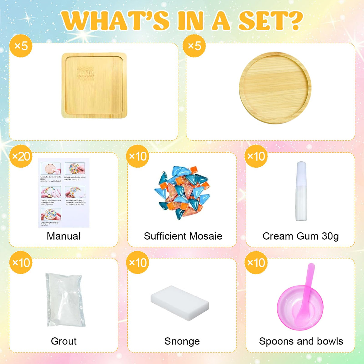 10 Set DIY Mosaic Tiles for Crafts Mixed Color Glass Mosaic Kits with Wooden Coasters DlY Coasters Kit Mosaic Supplies for Adult DIY Kit Bamboo Coaster for Drinks Tray Airsnigi