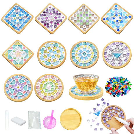 10 Set DIY Mosaic Tiles for Crafts Mixed Color Mosaic Kits with Wooden Coasters Handmade Glass Coasters Crafts Set for Drinks Tray Handmade Home Decoration Airsnigi