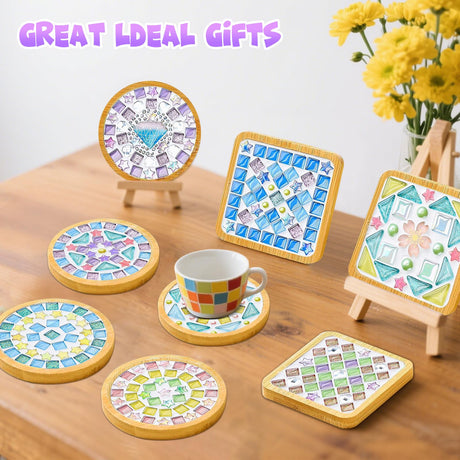 10 Set DIY Mosaic Tiles for Crafts Mixed Color Mosaic Kits with Wooden Coasters Handmade Glass Coasters Crafts Set for Drinks Tray Handmade Home Decoration Airsnigi