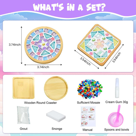 10 Set DIY Mosaic Tiles for Crafts Mixed Color Mosaic Kits with Wooden Coasters Handmade Glass Coasters Crafts Set for Drinks Tray Handmade Home Decoration Airsnigi