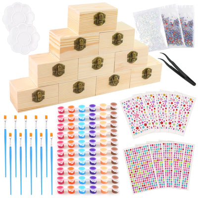 10 Sets Jewelry Box Painting 3.5x2x2.2inch Unpainted DIY Jewelry Box Unfinished Wood Treasure Chest with Paints Brushes Gem Stickers DIY Crafts Kits for Arts Party Favors Jewelry Gift Storage