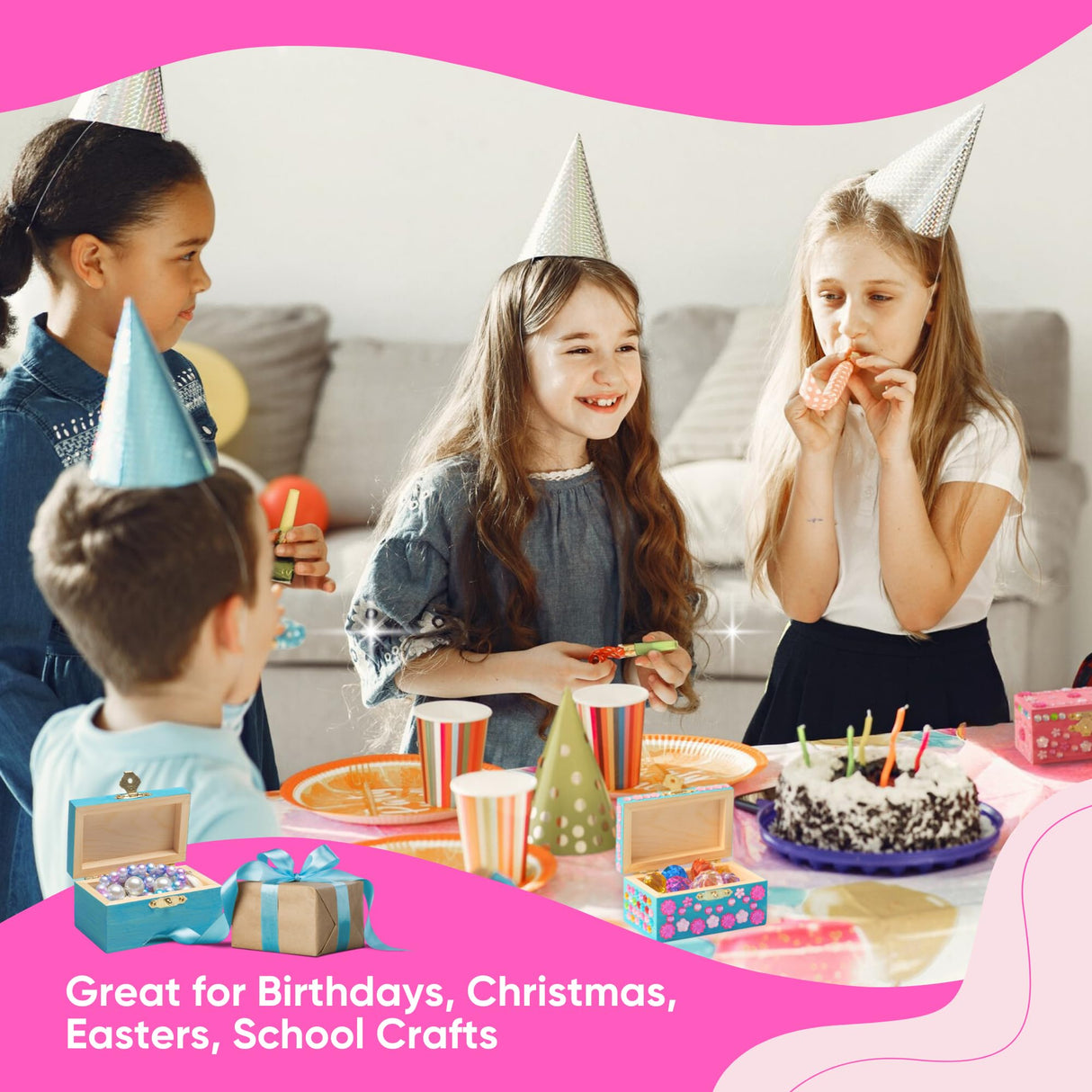 10 Sets Jewelry Box Painting Set for Kids with Stickers - Bulk Stockings & Birthday Goodie Bag Stuffer - Kids Party Favors Toy Return Gifts - Unfinished Wooden Treasure Boxes For Arts & Craft CRAFTY HAPPITOYS