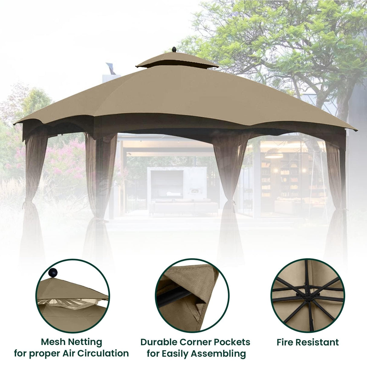10' x 12' Double-Tier Gazebo Roof Cover with Air Vent, Heavy Duty Canopy Roof Gazebo Top for Lowe's Allen Roth Gazebo 10x12#GF-12S004B-1, Khaki - WoodArtSupply