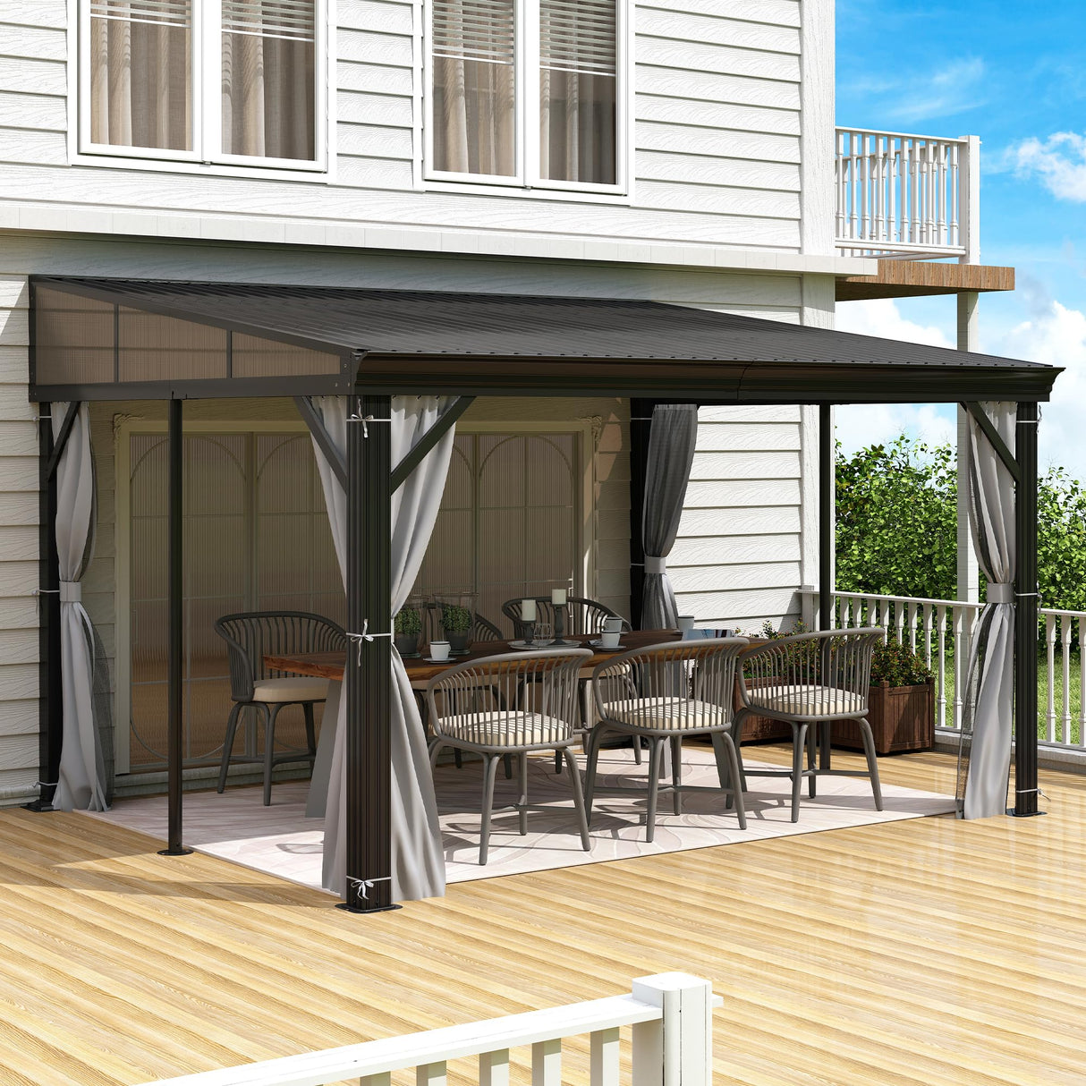 10' x 12' Hardtop Wall Mounted Gazebo, Lean to Gazebo with Galvanized Steel Roof Aluminum Frame Wall Gazebos Pergola with Netting&Curtains for Outdoor, Backyard, Patio Raysfung