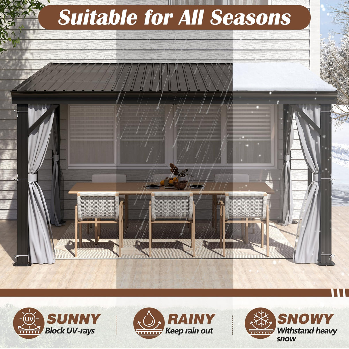 10' x 12' Hardtop Wall Mounted Gazebo, Lean to Gazebo with Galvanized Steel Roof Aluminum Frame Wall Gazebos Pergola with Netting&Curtains for Outdoor, Backyard, Patio Raysfung