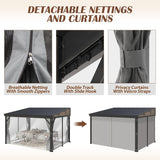 10' x 12' Hardtop Wall Mounted Gazebo, Lean to Gazebo with Galvanized Steel Roof Aluminum Frame Wall Gazebos Pergola with Netting&Curtains for Outdoor, Backyard, Patio Raysfung