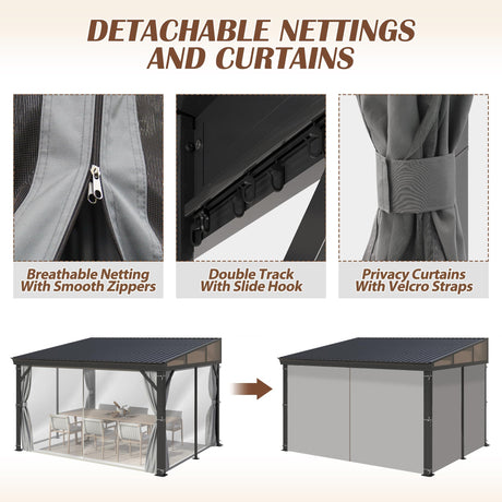 10' x 12' Hardtop Wall Mounted Gazebo, Lean to Gazebo with Galvanized Steel Roof Aluminum Frame Wall Gazebos Pergola with Netting&Curtains for Outdoor, Backyard, Patio Raysfung