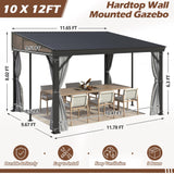 10' x 12' Hardtop Wall Mounted Gazebo, Lean to Gazebo with Galvanized Steel Roof Aluminum Frame Wall Gazebos Pergola with Netting&Curtains for Outdoor, Backyard, Patio Raysfung