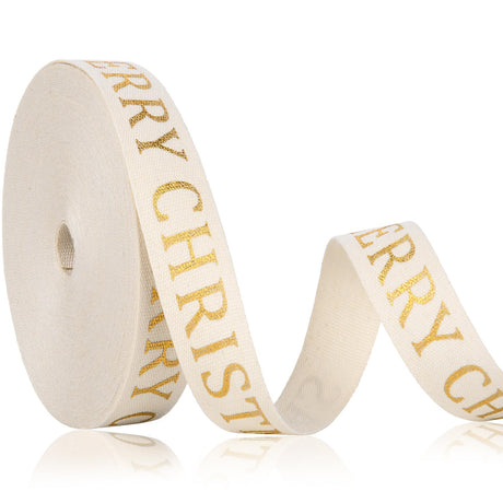 10 Yard Christmas Cotton Ribbon - Glitter, Elegant, Merry, Natural for Craft Gift Wrapping (Golden) WHQXFDZ