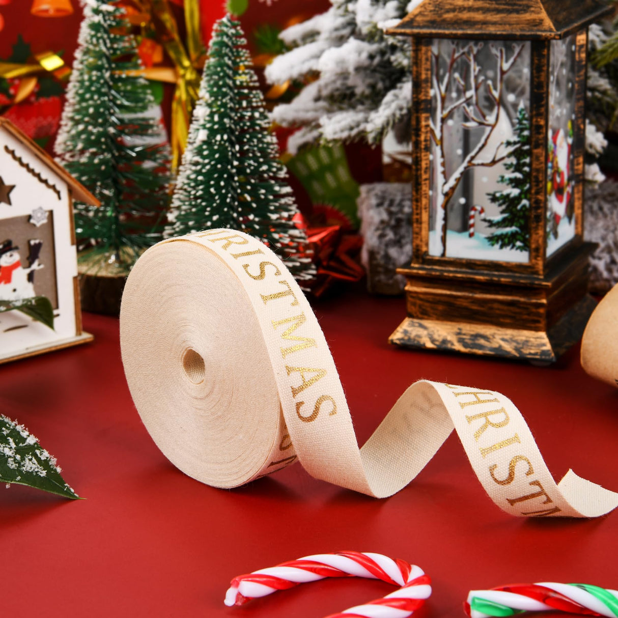 10 Yard Christmas Cotton Ribbon - Glitter, Elegant, Merry, Natural for Craft Gift Wrapping (Golden) WHQXFDZ