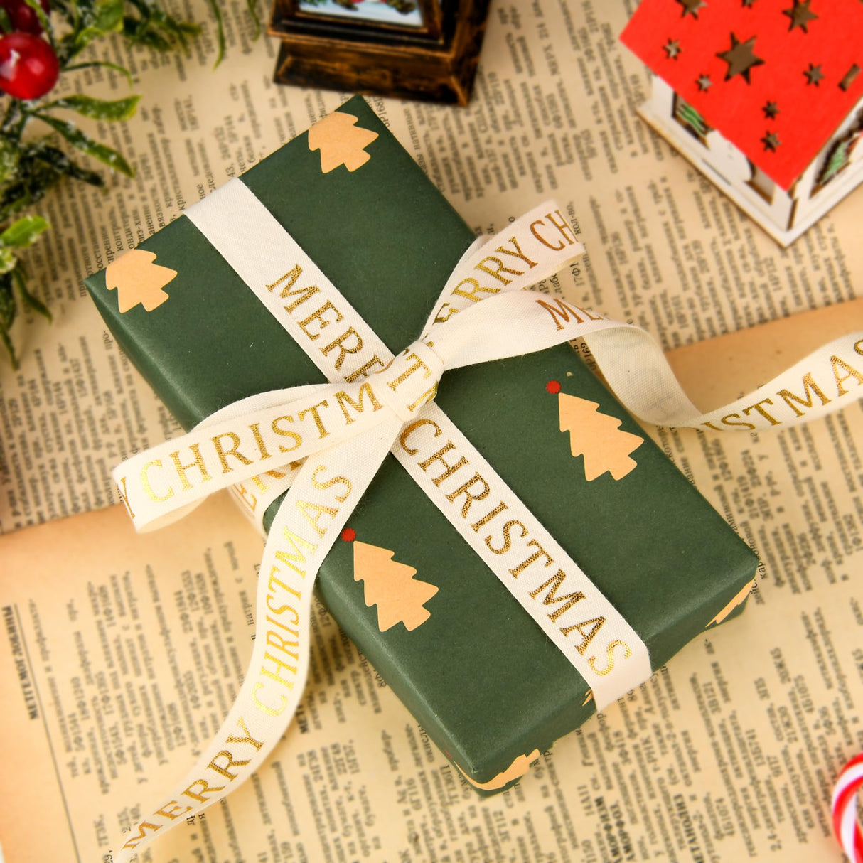 10 Yard Christmas Cotton Ribbon - Glitter, Elegant, Merry, Natural for Craft Gift Wrapping (Golden) WHQXFDZ